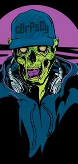 Neon zombie with headphones and a cap in urban style art.