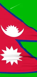 Vibrant Nepal flag mobile wallpaper with green background.