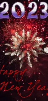 Happy New Year 2023 with fireworks and festive colors.