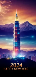 2024 skyline with fireworks and mountains in vibrant wallpaper.