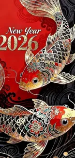 Intricate koi fish art for New Year 2026 celebration wallpaper.
