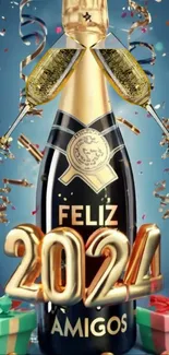 Festive New Year wallpaper with champagne, gifts, and 2024 decorations.