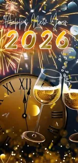 New Year 2026 wallpaper with fireworks and champagne.