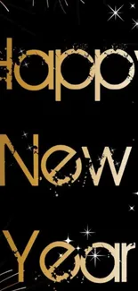 Happy New Year wallpaper with gold text and fireworks on black background.