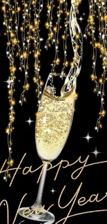 Happy New Year wallpaper with champagne glass and lights.