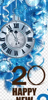 Blue New Year wallpaper with clock and decorations.