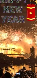 New Year fireworks over city skyline at night.