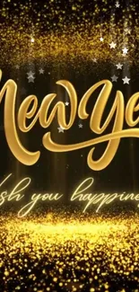 New Year gold glitter wallpaper with festive text and sparkling design.