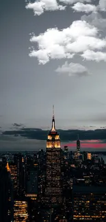 Illuminated New York City skyline at night.