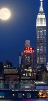 New York City skyline at night with full moon and skyscrapers.