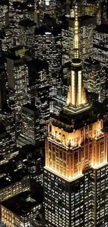 New York City night skyline with bright lights.