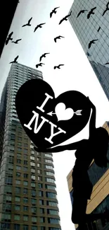 Silhouette with 'I love NY' over city skyline.