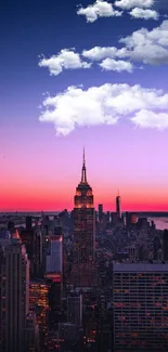 New York City skyline at sunset with vibrant colors.