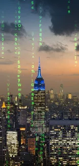 New York City skyline at dusk with illuminated buildings and a dramatic sky.