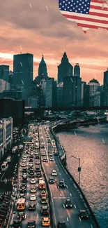 New York City skyline with Brooklyn Bridge at sunset, American flag in sky.