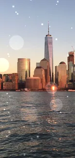 New York City skyline at sunset with water reflection.