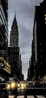 New York City street view with skyscrapers and lighting.