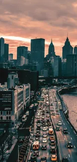 New York City skyline with sunset and Brooklyn Bridge view.