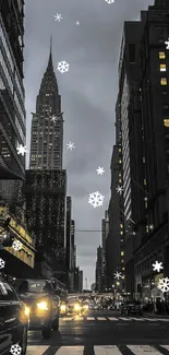 New York City night scene with skyscrapers and bright streetlights.