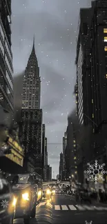 New York cityscape at night with glowing skyscrapers and street lights.