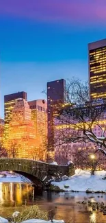 New York winter skyline at sunset with snow-covered Central Park.