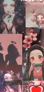 Anime collage wallpaper featuring Nezuko Kamado and cherry blossoms.