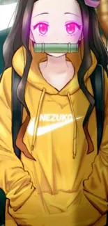 Anime character Nezuko in yellow hoodie wallpaper.