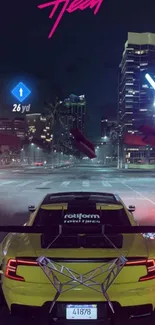 NFS Heat night drive with cityscape and racing car in vibrant colors.