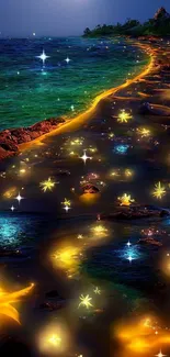 Enchanting night beach with glowing starry lights and ocean waves.