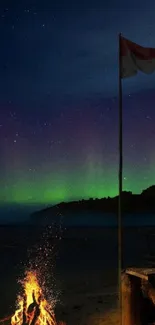 Night beach with campfire and aurora borealis.