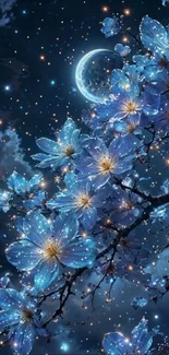 Glowing blue blossoms under a crescent moon and starry sky.