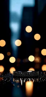 Bokeh street lights reflected on wet surface at night.