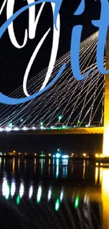 City bridge with night lights reflecting in water.