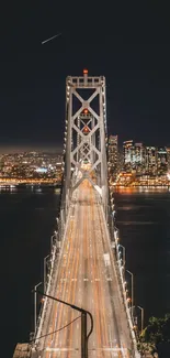 Night view of a bridge leading into a city skyline with vibrant lights.