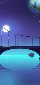 Fantasy night scene with bridge and glowing planet over water.