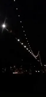 Illuminated bridge lights against cityscape at night.