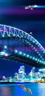 Modern urban night bridge with neon lights and birds in flight.