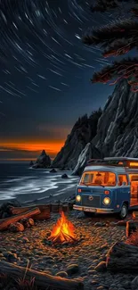 Coastal night scene with van, campfire, and starry sky.