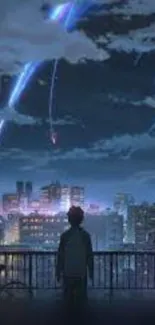 Anime cityscape with meteor shower at night.