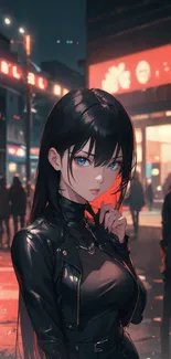 Anime character standing in vibrant night city setting.