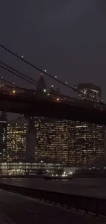 Night view of a city skyline with a brightly lit bridge.