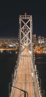 Night view of illuminated bridge with city lights in the background.