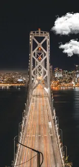 Night city bridge with illuminated skyline and cloud-covered night sky.