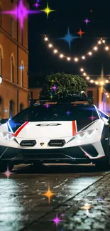 White sports car with tree, night city.