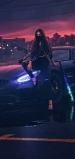 Sleek car with glowing headlights in vibrant city nightscape.