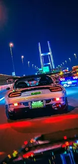 A thrilling night city car chase with vibrant lights and sports cars.