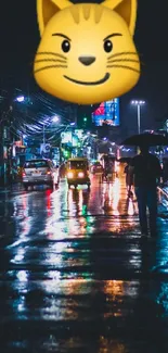 A neon-lit city street with a cat emoji.