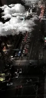 Night cityscape with clouds and traffic viewed from above, creating a dramatic scene.