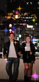 Fashionable couple in city at night.