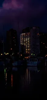 City lights reflecting on water at night.